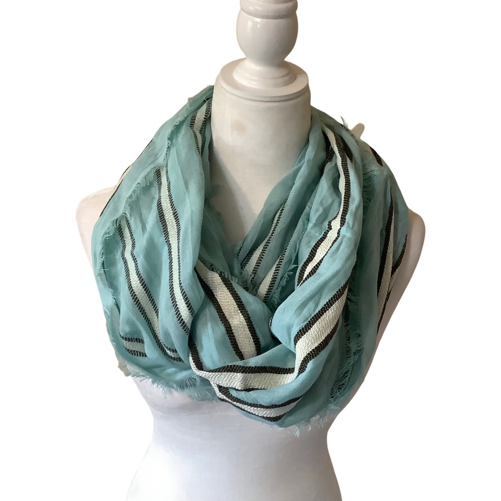 Ecote Aqua Blue Striped Infinity Scarf Cotton Blend Frayed Edge Gauze Boho